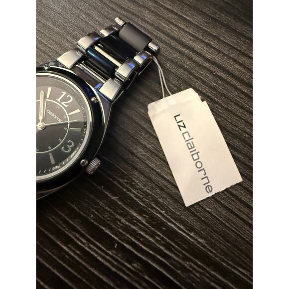 6/$25 NWT Liz Claiborne Black Silver Dial & Band Stainless Steel Watch - Picture 2 of 5